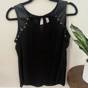 Women’s Sleeveless Chiffon Blouse with Pleather Shoulders - Black